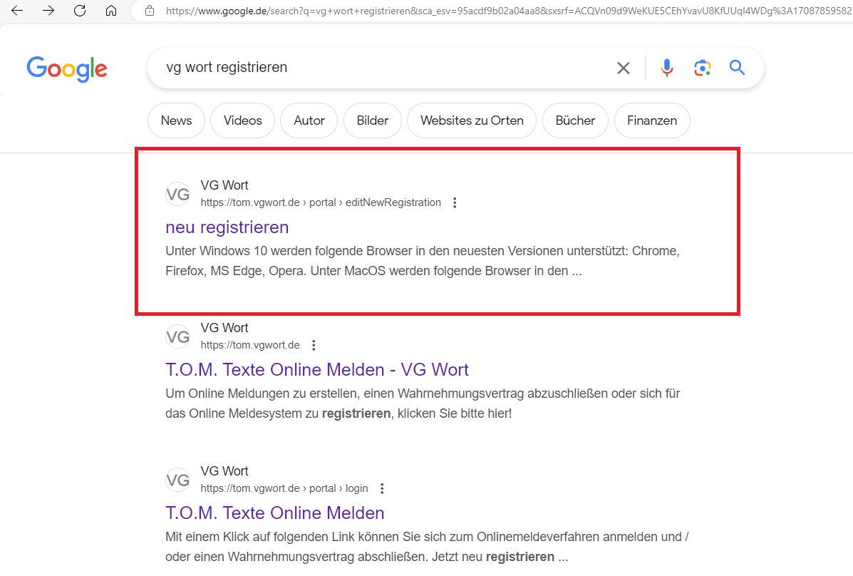 Schritt 1 führt über Google (indem Sie am besten nach „vg wort registrieren“ suchen und den ersten Link klicken)