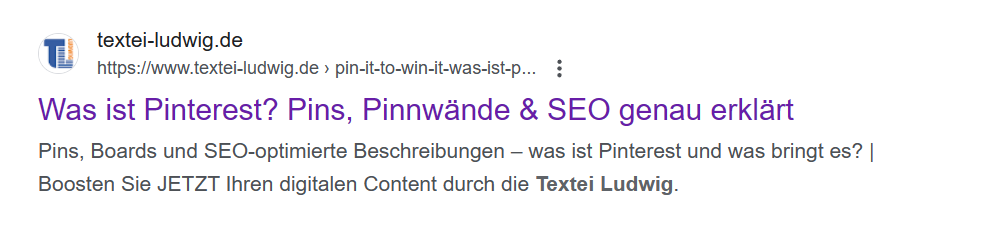 Meta-Title (oben) und Meta-Description (unten) mit CTA unseres Blogartikels zum Thema Pinterest Marketing