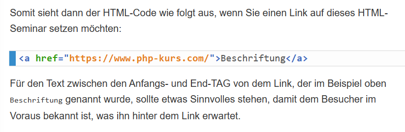 Fügen Sie für interne Links folgenden HTML-Codeschnipsel in Ihre Texte ein und verlinken Sie damit eigene, interne Unterseiten oder externe Seiten